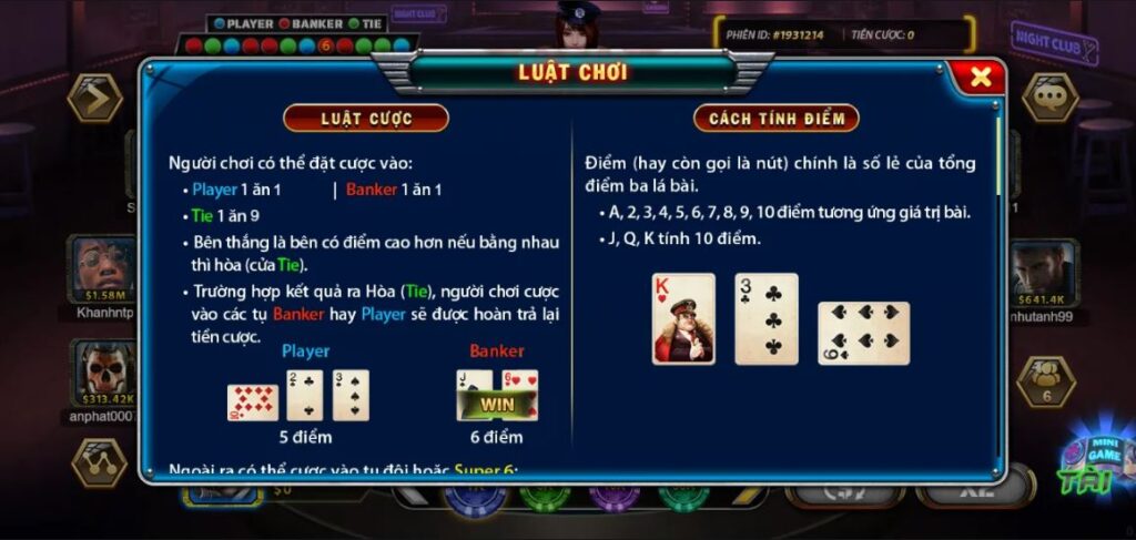 Cách chơi Supper Baccarat 6 - luật chơi