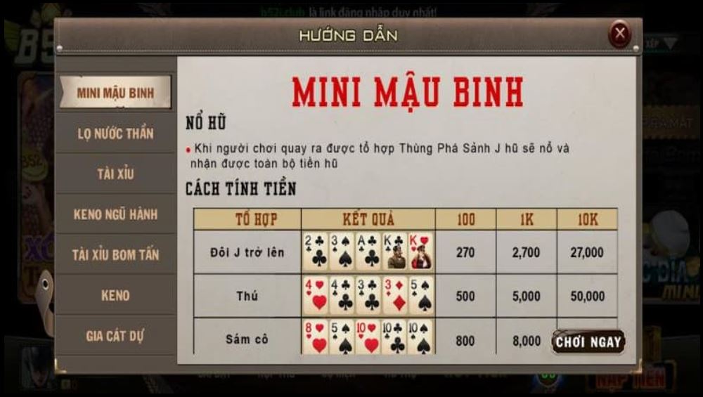 luật chơi mini Mậu Binh